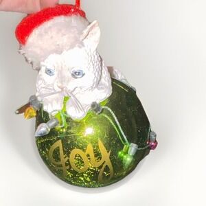 4" Cat Laying on Green Plastic Ball Ornament with Joy Written on It. (D9)